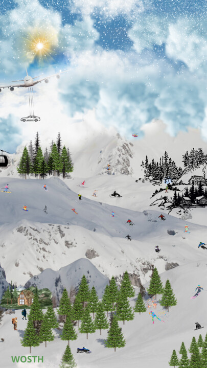Digital Arts titled "Le plaisir du ski" by Safia Wosth, Original Artwork, Digital Collage