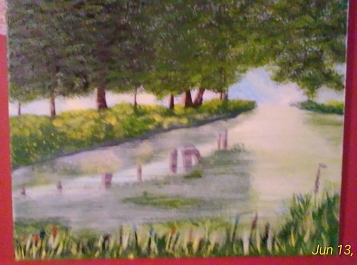Malerei mit dem Titel "Hot day at the pond" von Sage Cline, Original-Kunstwerk, Acryl