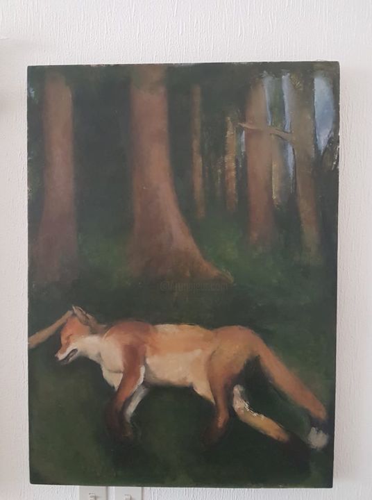 Painting titled "'the sleeping fox'" by Sagi Zuker, Original Artwork, Oil Mounted on Wood Panel