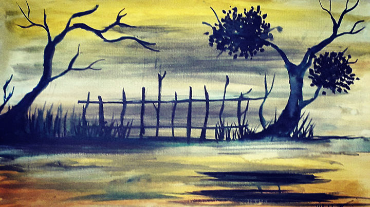 Painting titled "Rural Fencing" by Sahani Madihage, Original Artwork, Acrylic Mounted on Wood Stretcher frame