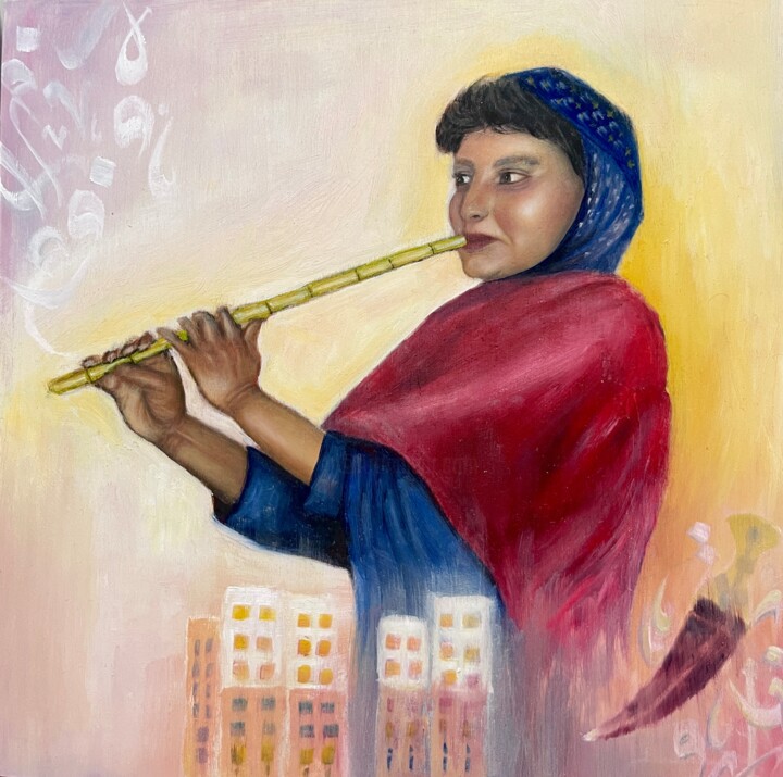 Painting titled "The flute player" by Sahar Hasan Al-Louthai, Original Artwork, Acrylic