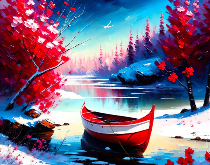 Digital Arts titled "Red Boat" by Said Etebbai, Original Artwork, Digital Painting