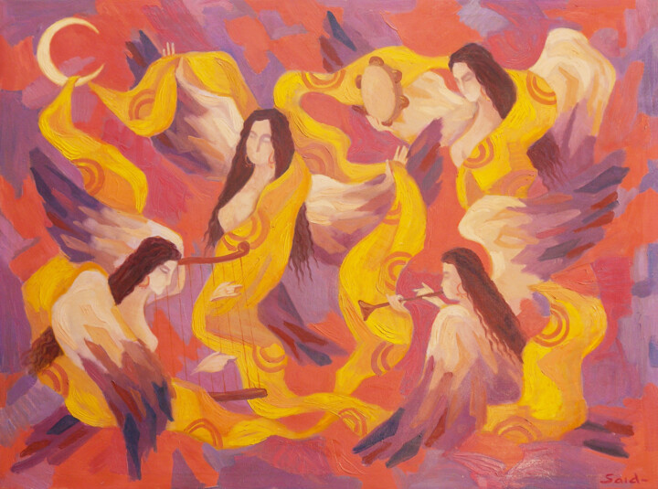 Schilderij getiteld "Dance of Muses" door Said Shamirbaev, Origineel Kunstwerk, Olie Gemonteerd op Frame voor houten brancard