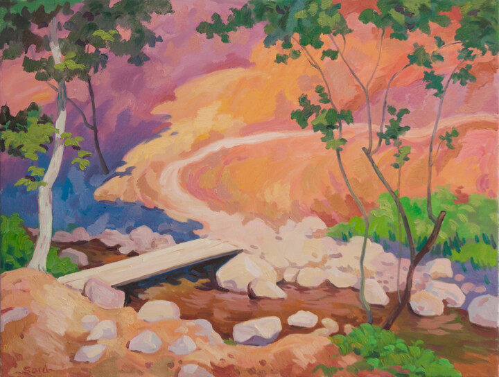 Schilderij getiteld "River and path" door Said Shamirbaev, Origineel Kunstwerk, Olie