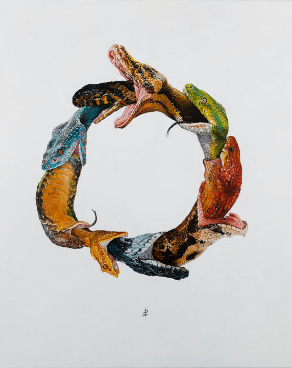 Painting titled "The New Ouroboros" by Sailev, Original Artwork, Oil Mounted on Wood Stretcher frame