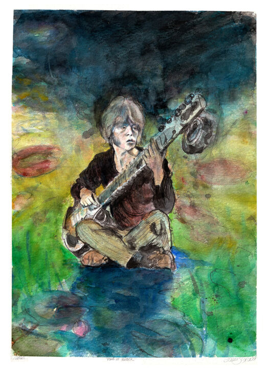 Painting titled "Brian on sitar" by Olivier Saint-Gelais, Original Artwork, Watercolor