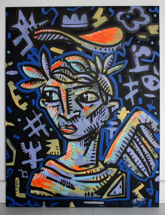 Painting titled "Angélus" by Saint One, Original Artwork, Acrylic Mounted on Wood Stretcher frame