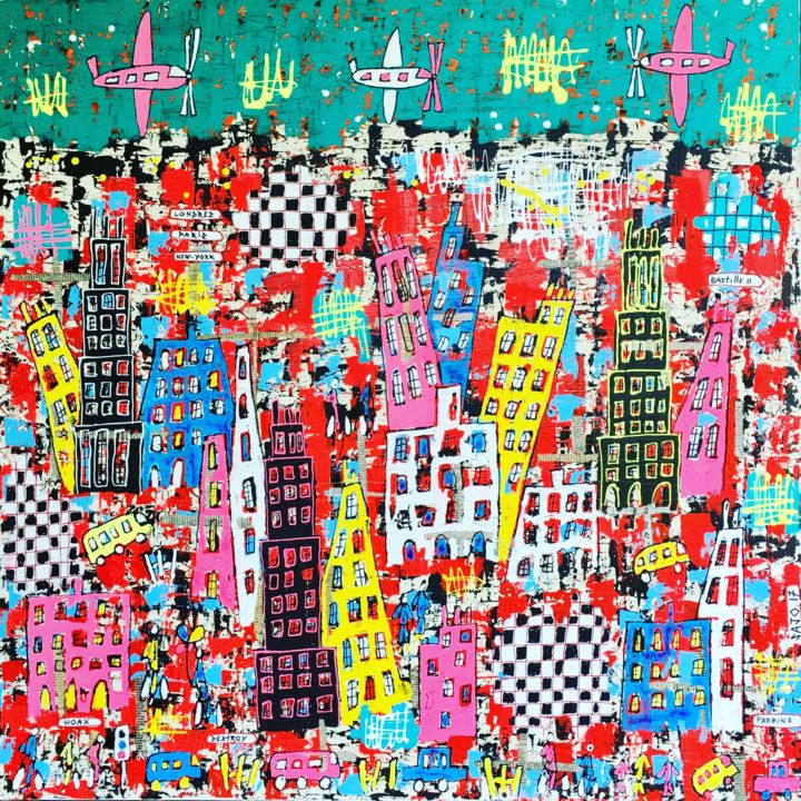 Peinture intitulée "ville" par Sajo, Œuvre d'art originale,