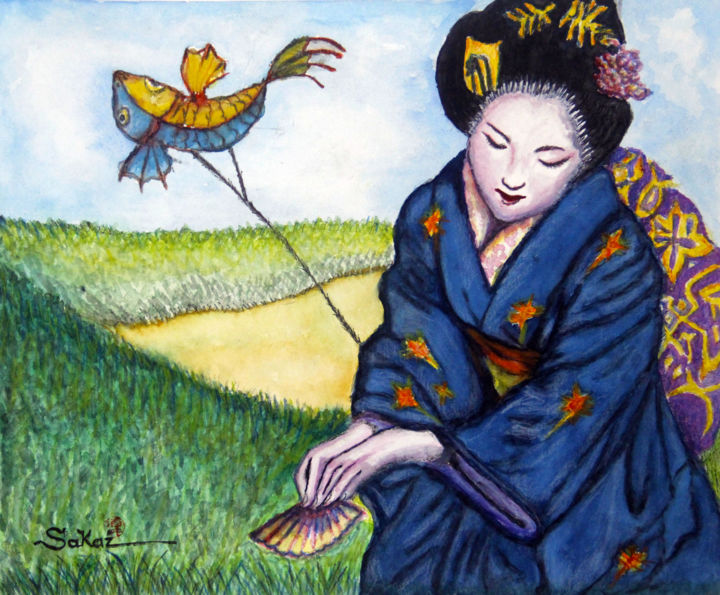 Pintura intitulada "Kodomo no Hi" por Alex Sakai, Obras de arte originais, Aquarela