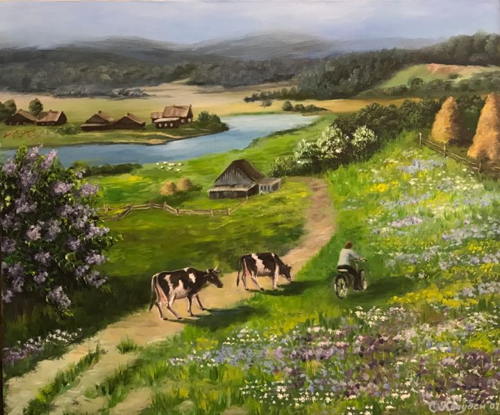 Painting titled "Country life" by Svetlana Kochubei, Original Artwork, Oil