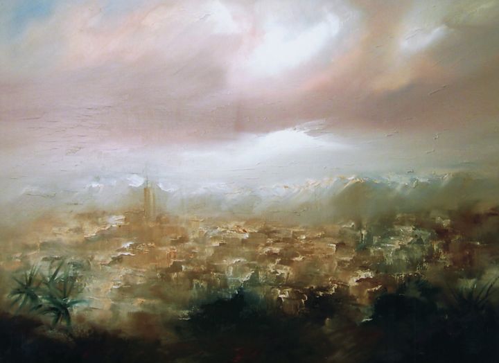 Painting titled "La Ville Ocre" by Salah Chaoui, Original Artwork, Oil