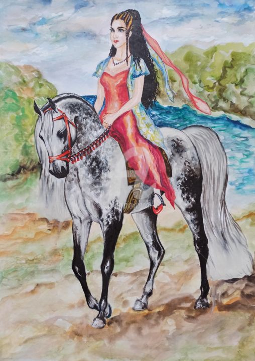 Dessin intitulée "Girl riding an Arab…" par Salamander Nebula, Œuvre d'art originale, Aquarelle