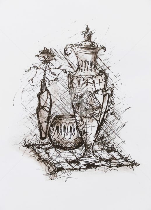 Dessin intitulée "Oriental still life" par Salamander Nebula, Œuvre d'art originale, Stylo gel