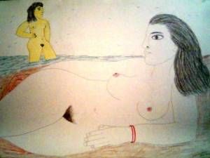 Drawing titled "Two woman in the be…" by Francisco Vidal, Original Artwork, Other