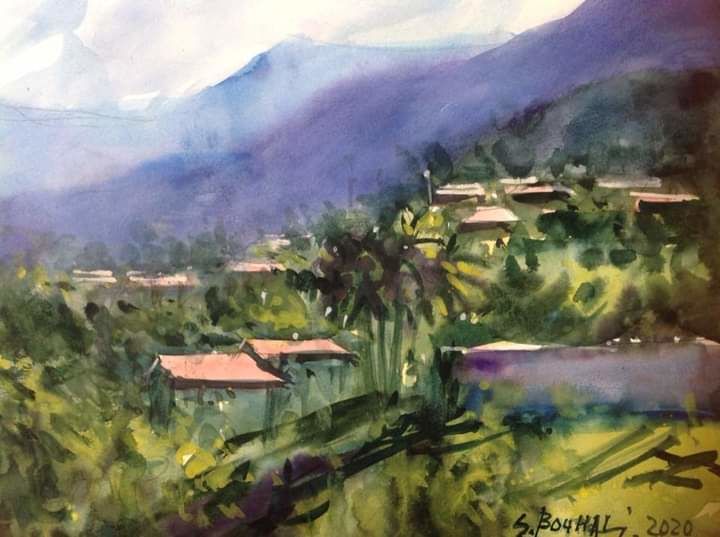 Pintura intitulada "Village Kabyle" por Salim Bouhali, Obras de arte originais, Aquarela