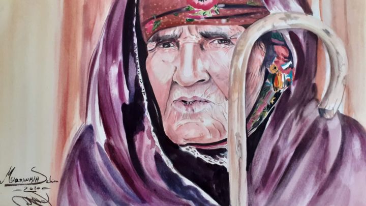 Painting titled "vieil homme Chaoui" by Salim Mansouria, Original Artwork, Watercolor