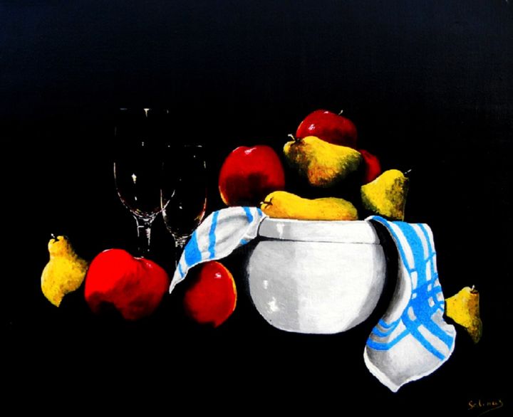 Painting titled "coupe-et-les-fruits…" by Lolo, Original Artwork