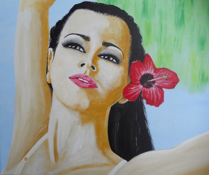 Peinture intitulée "la-fille-a-l-hibisc…" par Lolo, Œuvre d'art originale