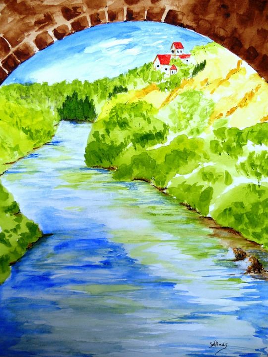 Peinture intitulée "vue-de-sous-le-pont…" par Lolo, Œuvre d'art originale, Aquarelle