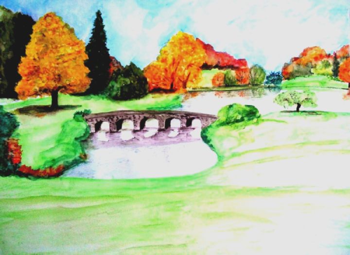Pintura intitulada "paysage-d-automne.j…" por Lolo, Obras de arte originais, Aquarela