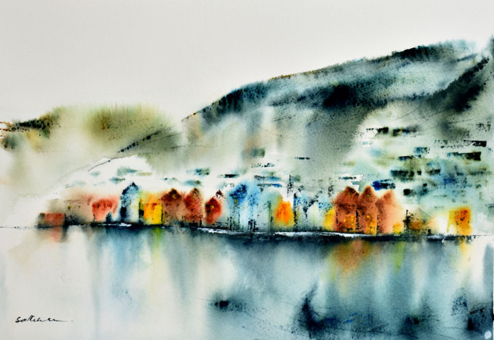 Painting titled "Bergen" by Salleh Su, Original Artwork, Watercolor