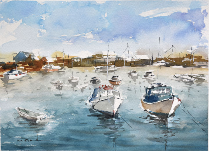 Painting titled "Cornwall Harbor" by Salleh Su, Original Artwork, Watercolor