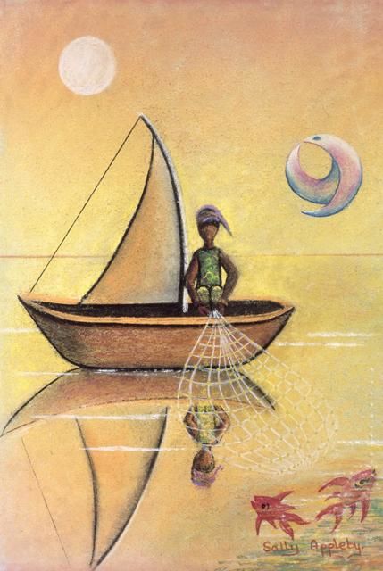 Schilderij getiteld "Fishing" door Sally Appleby, Origineel Kunstwerk, Olie