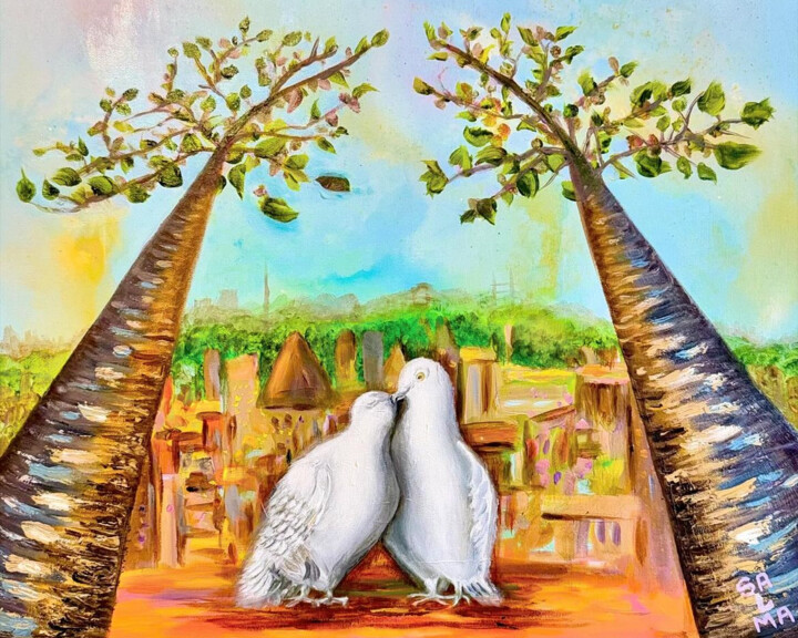 Painting titled "Still in Love, Dayt…" by Salma Motakef, Original Artwork, Acrylic Mounted on Wood Stretcher frame