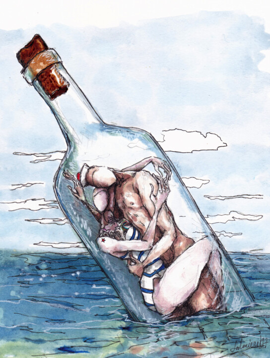 Dessin intitulée "A la mer" par Karine Salmieri, Œuvre d'art originale, Encre