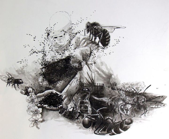 绘画 标题为“Abeilles en perditi…” 由Salomé Myrna, 原创艺术品, 墨