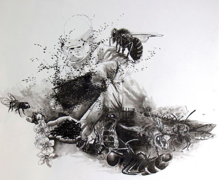 Painting titled "Abeilles en perditi…" by Salomé Myrna, Original Artwork, Ink