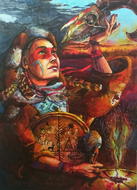 Pintura intitulada "Шаманка" por Kseniia Mashtakova, Obras de arte originais, Aquarela