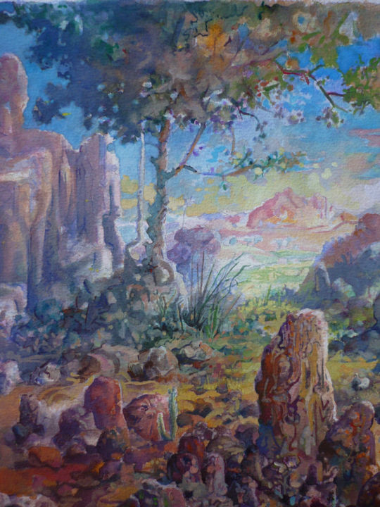 Painting titled "Paisaje" by Salvador Velarde, Original Artwork, Tempera