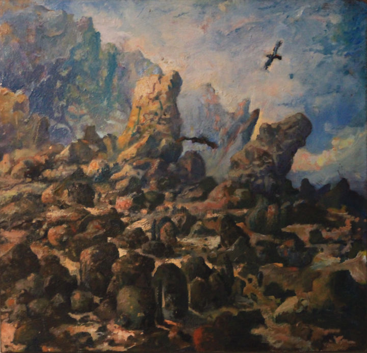 Painting titled "Piedras en el cielo" by Salvador Velarde, Original Artwork, Oil