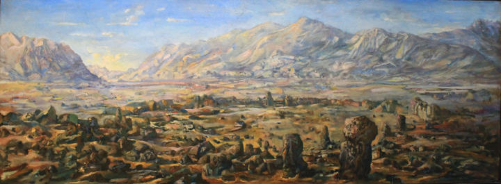 Painting titled "Paisaje precolombino" by Salvador Velarde, Original Artwork, Oil