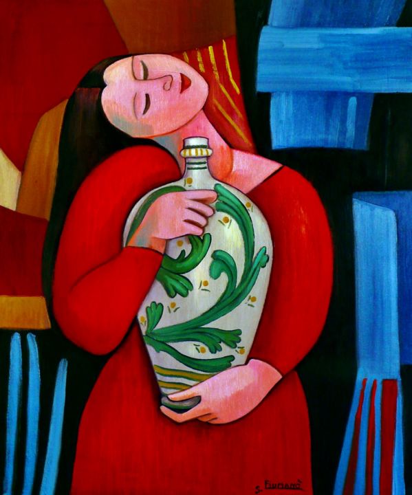 Pittura intitolato "donna-con-vaso-olio…" da Salvatore Detto Valò Fiumanò, Opera d'arte originale, Olio