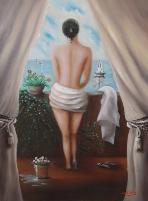 Painting titled "Donna al balcone" by Salvatore Vito, Original Artwork, Oil