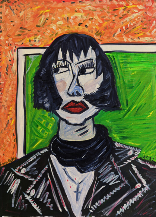 Painting titled "Portrait of Emma Th…" by Sam Delta, Original Artwork, Oil Mounted on Wood Stretcher frame