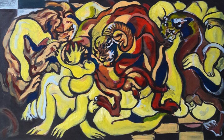 Painting titled "" L'amour des lions…" by Sam Keusseyan Gladiateur, Original Artwork, Acrylic