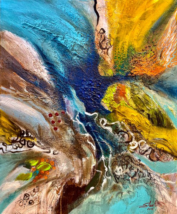 Peinture intitulée "Turquoise waterfall" par Sam Wais, Œuvre d'art originale, Acrylique