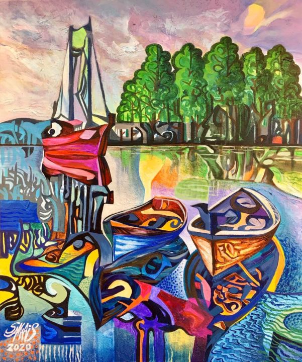 Painting titled "Rose boat" by Sam Wais, Original Artwork, Acrylic