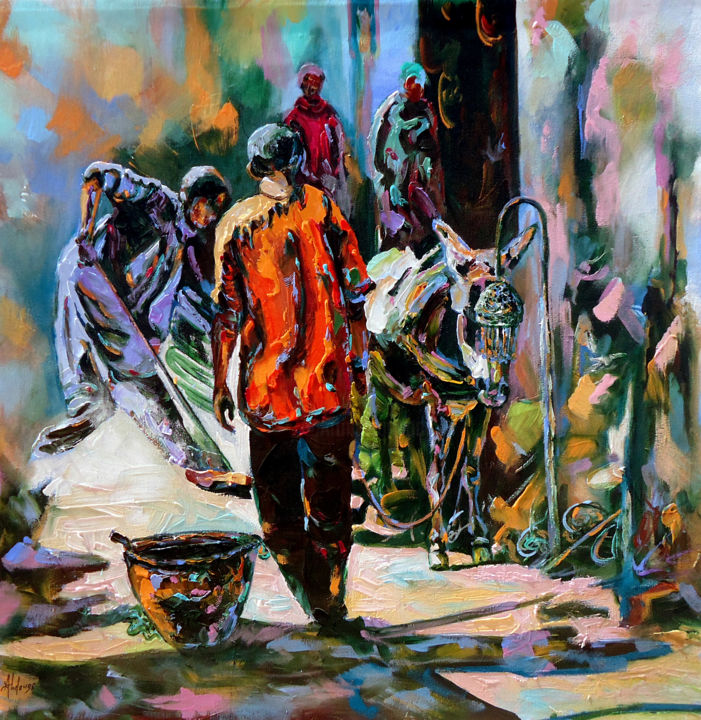Painting titled "Tableau du marché" by Samah, Original Artwork, Acrylic
