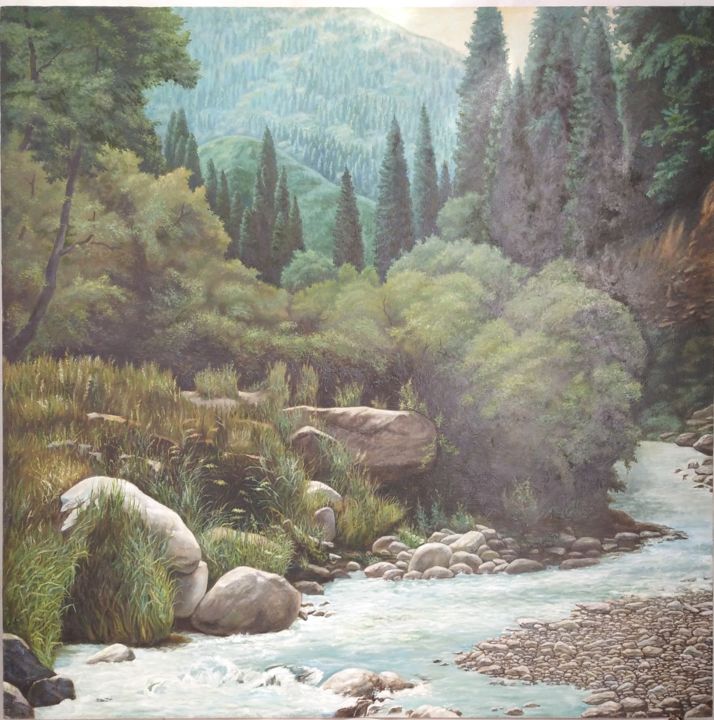 Картина под названием "Река Торагай" - Коничбек Самахов, Подлинное произведение искусства, Масло