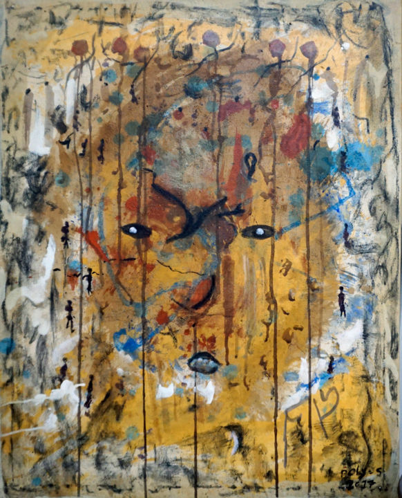 Картина под названием "Le maître de cérémo…" - Sambo Boly, Подлинное произведение искусства, Акрил Установлен на Деревянная…