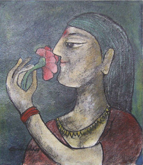 Peinture intitulée "Lady with flower" par Sambuddha Duttagupta, Œuvre d'art originale, Autre