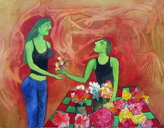 Peinture intitulée "the flower seller" par Sambuddha Duttagupta, Œuvre d'art originale, Aquarelle