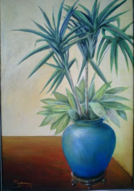 Pintura titulada "Blue Vase with Gree…" por Sami Qureshi, Obra de arte original, Oleo