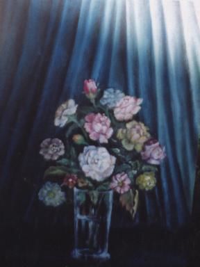 Painting titled "flower vase and cur…" by Sami Qureshi, Original Artwork, Oil