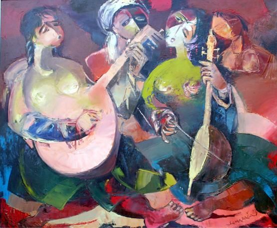 Peinture intitulée "MÜZIK SOYLEYEN KIZL…" par Sametage Ibrahimoglu Caferov, Œuvre d'art originale, Autre