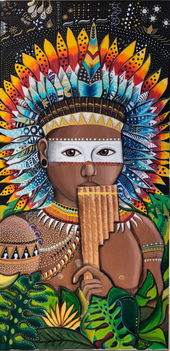 Pittura intitolato "A música do Índio" da Sami Neves, Opera d'arte originale, Inchiostro Montato su Telaio per barella in le…